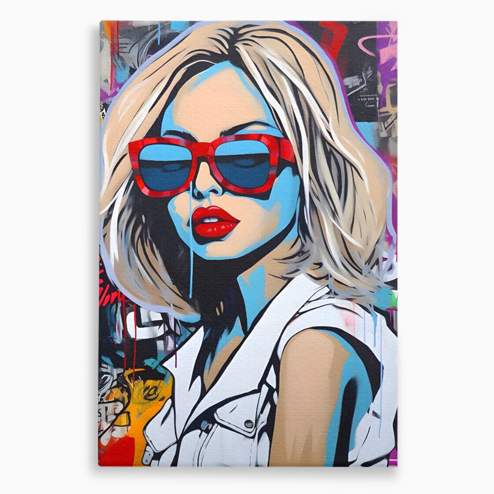Tablou canvas cu tablou canvas portret pop art femeie cu ochelari, fara rama, pe sasiu de lemn